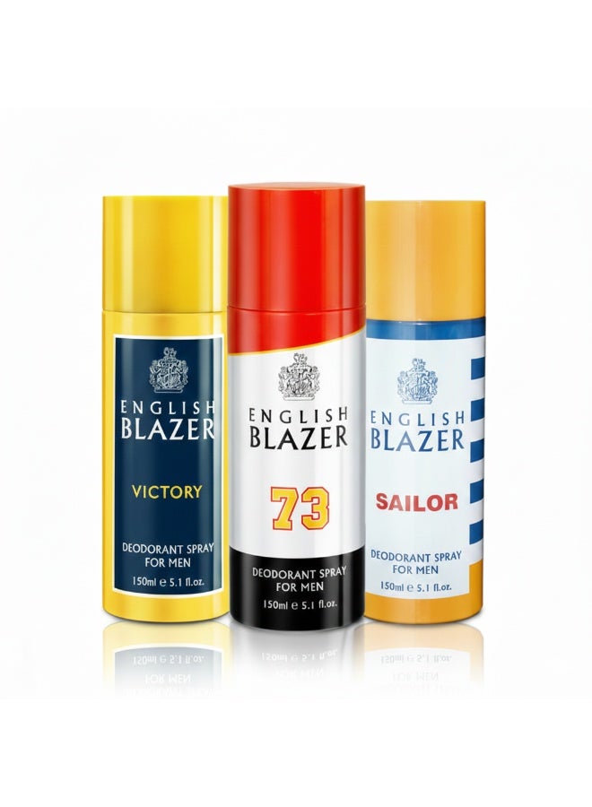 English Blazer Body Spray Set for Men (Victory+ 73+ Sailor), 3 × 150 ml - Image 1